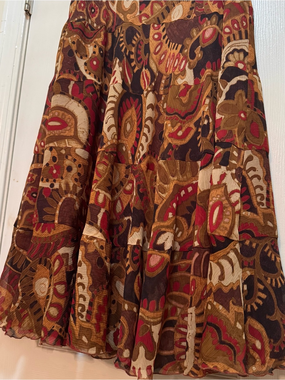 Ruby Rd. Paisley Tiered Skirt in Brown, Red & Cream